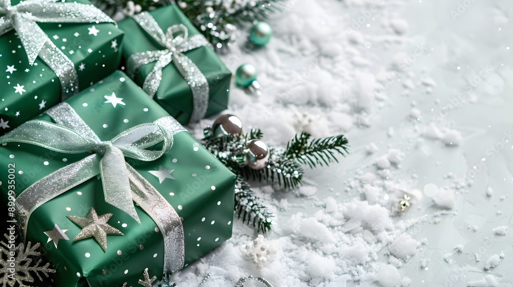 Christmas gifts wrapped in festive green paper with white stars and glittery silver ribbons Christmas gifts wrapped in festive green paper with white stars and glittery silver ribbons
