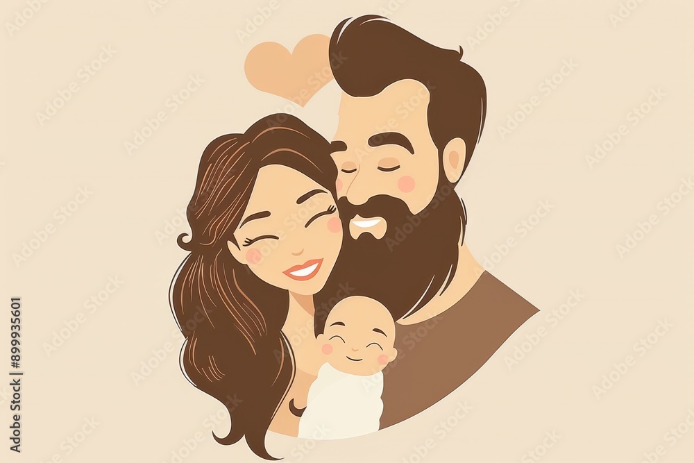 Fototapeta premium Artistic illustration of parents with baby warm colors minimalist design highlighting the love and togetherness in a modern stylish setting