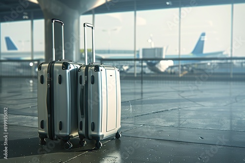 Silver Suitcases at Modern Airport Terminal photo