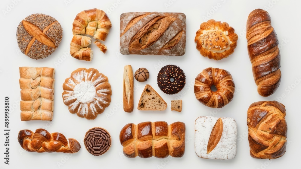 A delightful assortment of freshly baked breads and pastries, showcasing various shapes, textures, and colors that highlight the art of baking A delightful assortment of freshly baked breads and pastries, showcasing various shapes, textures, and colors that highlight the art of baking