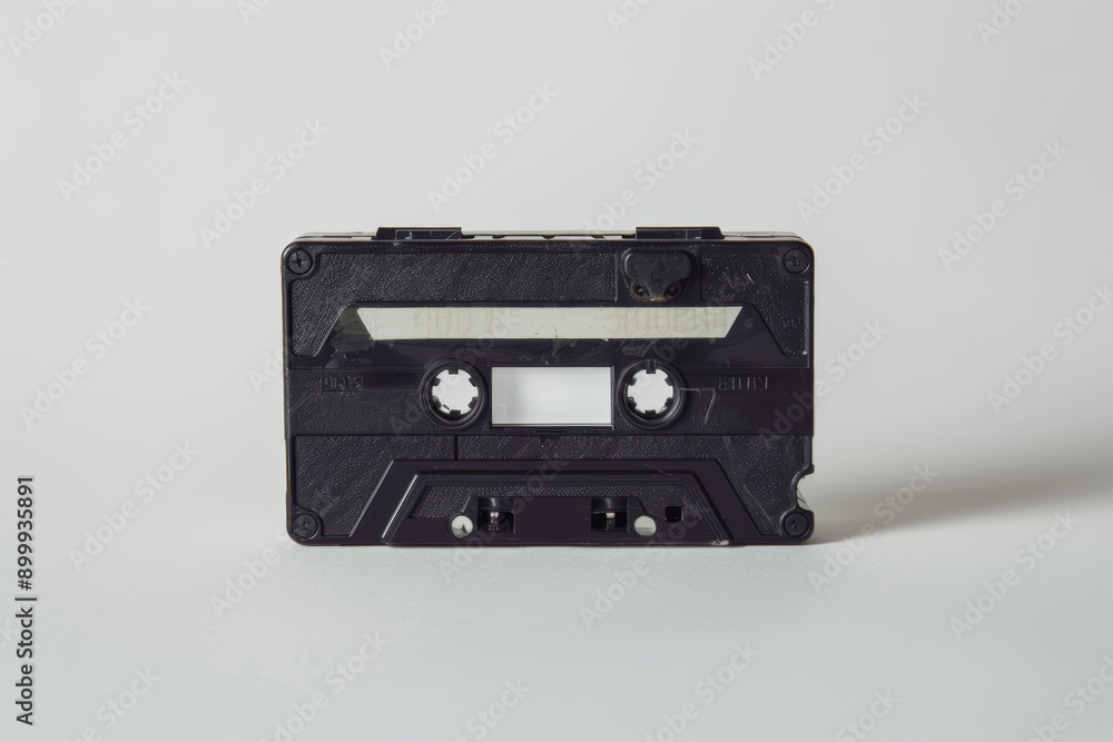Obraz premium A vintage audio cassette tape in black, showcasing its iconic spools and label area, representing nostalgic music formats of the past