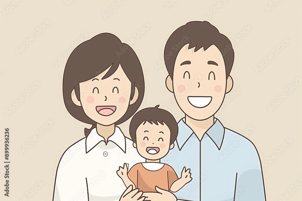 Simplistic cartoon family portrait with baby modern flat design neutral colors highlighting the simplicity and joy of family life in a contemporary style Simplistic cartoon family portrait with baby modern flat design neutral colors highlighting the simplicity and joy of family life in a contemporary style