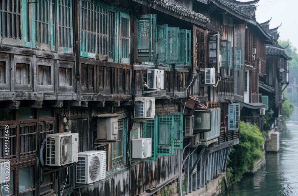 Old wooden buildings along the river