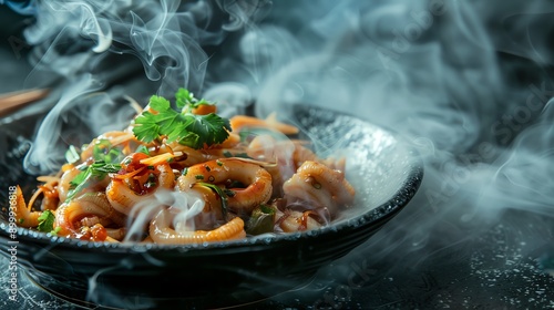 High-angle shot of stir-fried squid with salted egg, light smoke drifting across the dish, watercolor style, rich textures and colors, emphasis on freshness and culinary artistry