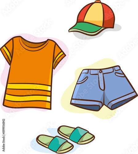summer season clothes set. Casual wear, jeans, t-shirt, shoes, seasonal clothing outfit.Clothing, clothing fashion flat vector illustration