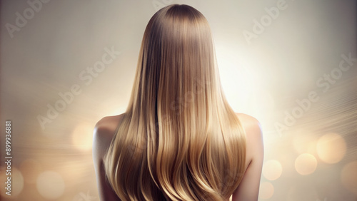 Softly illuminated back view of a female form with luscious long straight hair cascading down, against a blurred creamy white background with subtle shadows. © Adisorn