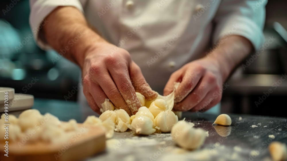 Close-up of hands peeling garlic cloves in a kitchen. The image captures the meticulous process of food preparation, highlighting the freshness and attention to detail required in culinary practices. Close-up of hands peeling garlic cloves in a kitchen. The image captures the meticulous process of food preparation, highlighting the freshness and attention to detail required in culinary practices.