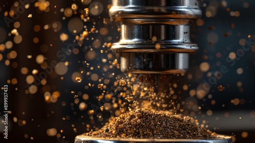 Freshly ground coffee beans cascading from a grinder, captured in mid-motion. Golden brown coffee particles and rich, aromatic grains create a dynamic, vibrant scene perfect for coffee-related themes photo