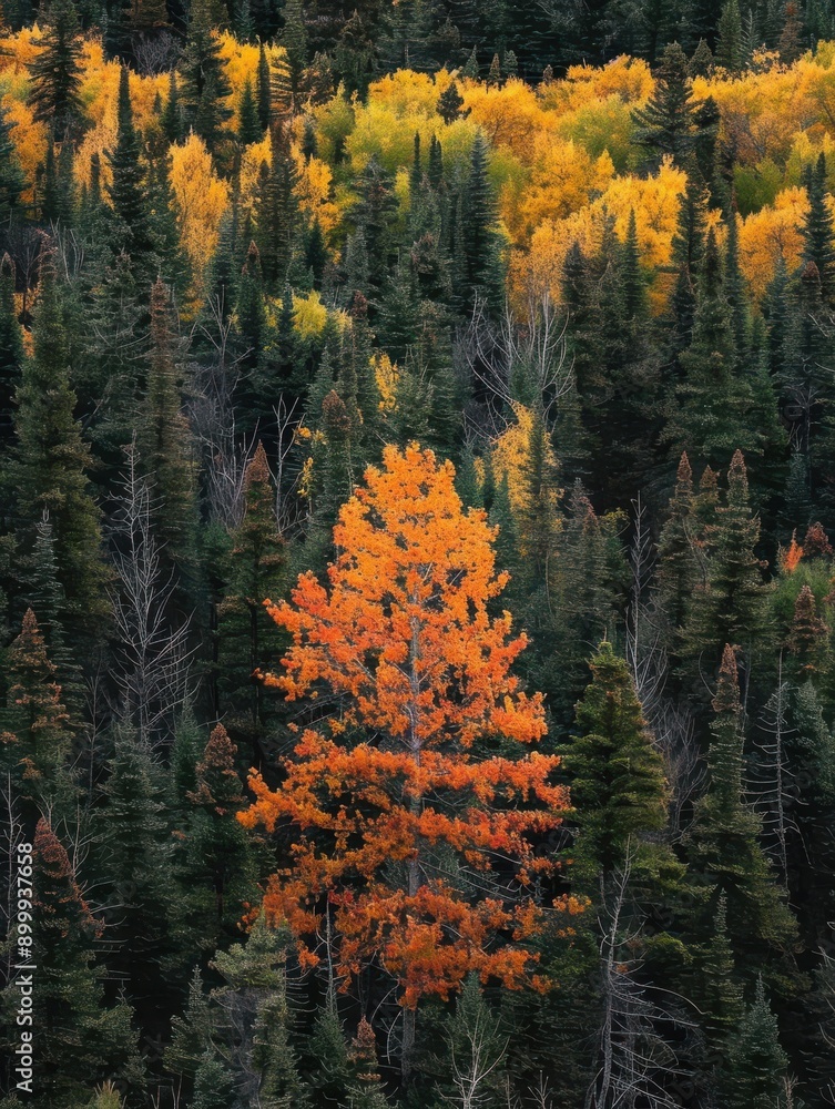 In the forest, there is an orange and green pine tree in autumn with many red leaves on it In the forest, there is an orange and green pine tree in autumn with many red leaves on it
