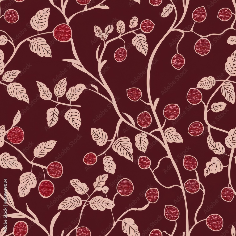 Cranberry seamless pattern, drawing red wild berries pattern on deep red background Cranberry seamless pattern, drawing red wild berries pattern on deep red background