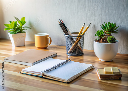 Wallpaper Mural Organized workspace featuring a tidy desk with pens, papers, and a notepad, set against a motivational backdrop, evoking a sense of focus and productivity. Torontodigital.ca
