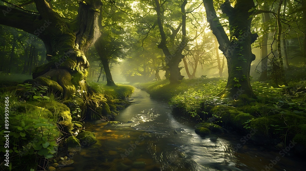 Obraz premium A forest with ancient trees and a meandering river