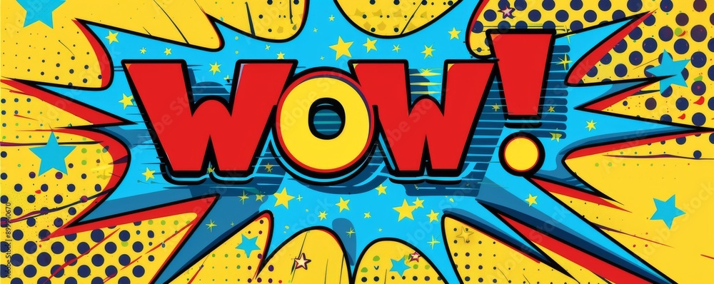 Fototapeta premium Exciting pop-art design with the word WOW in bold red letters and a vibrant background