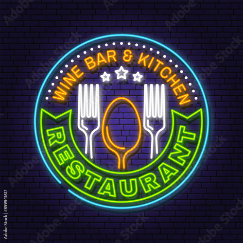 Royal Restaurant shop, menu logo. Vector. Neon glowing sign with plate, fork and spoon. Cooking, cuisine logo for menu restaurant or cafe.