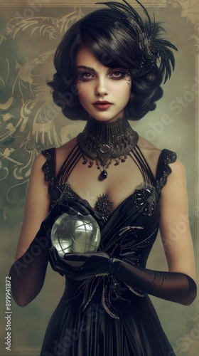 An enchanting woman dressed in a black, intricately designed dress with feather accessories, holds a crystal ball, captured in a beautifully detailed, vintage-styled portrait that exudes mystery and