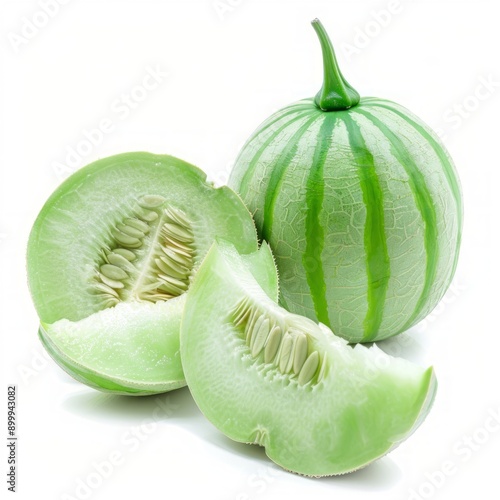 Medium shot of whole Crenshaw Melon near the sliced piece of Crenshaw Melon, isolated on a white background  photo