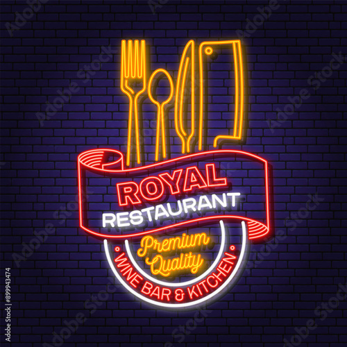 Royal Restaurant shop, menu logo. Vector. Neon glowing sign with crown, plate, kitchen knife, fork and spoon. Cooking, cuisine logo for menu restaurant or cafe.