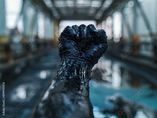 Workera??s fist covered in black oil, raised in a modern factory, blurry background, cinematic, hyper realistic, bokeh effect. photo