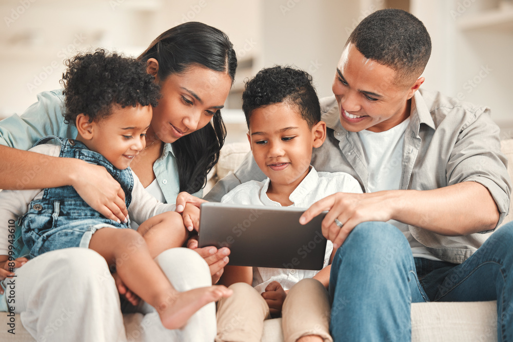 Parents, boy and happy with tablet in home on sofa on streaming website for educational games. People, family and kids with smile at lounge for bonding, support and teaching for child development Parents, boy and happy with tablet in home on sofa on streaming website for educational games. People, family and kids with smile at lounge for bonding, support and teaching for child development