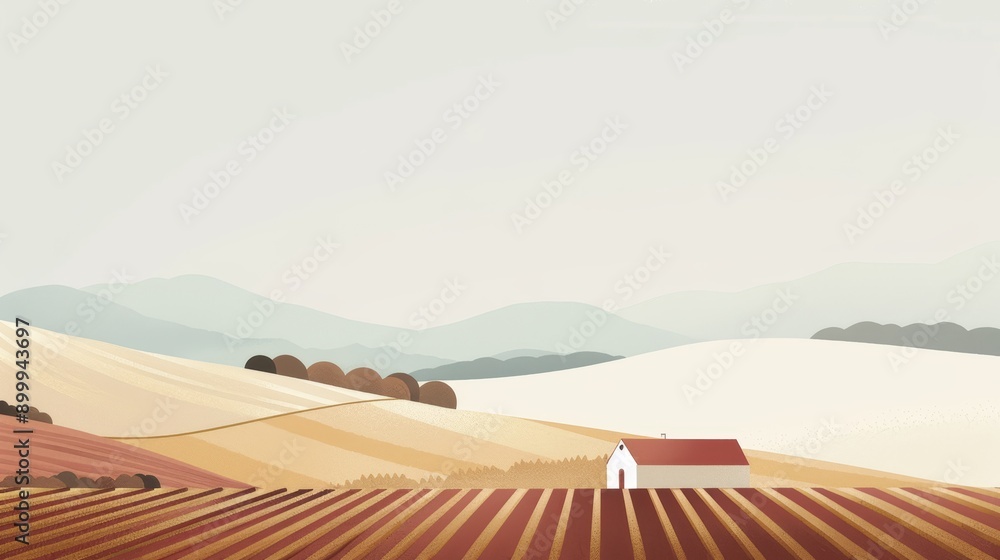 Naklejka premium Landscape of a serene countryside with a white barn nestled among rolling fields and distant mountains