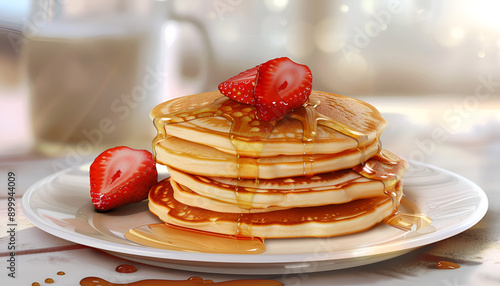 plate of pancakes with fresh strawberry, honey and milk on table close up