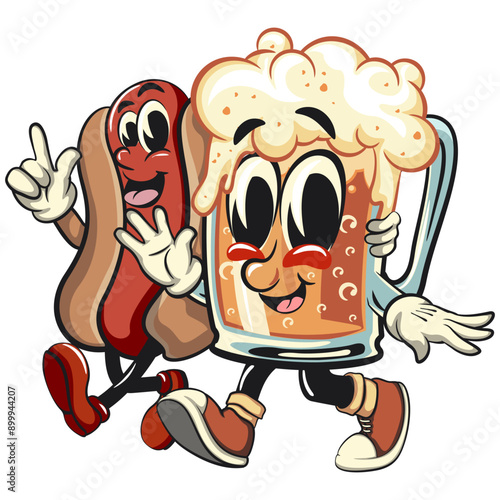 beer cartoon character retro design walking with the hotdog character while giving signs, work of hand drawn