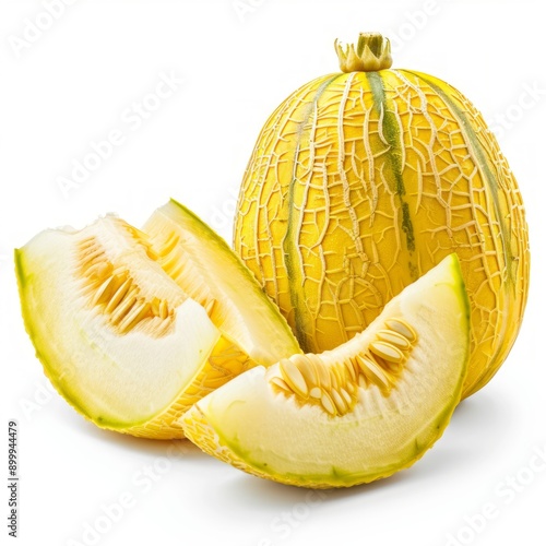 Medium shot of whole Crenshaw Melon near the sliced piece of Crenshaw Melon, isolated on a white background  photo