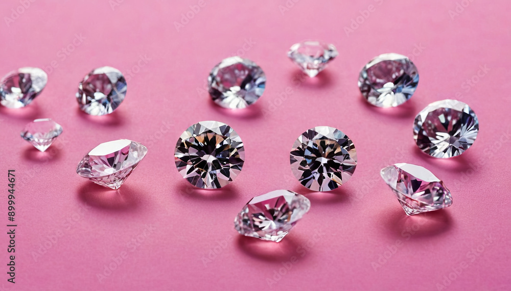 Various sizes of beautifully cut diamonds are arranged elegantly on a soft pink background, reflecting light and showcasing their brilliance Various sizes of beautifully cut diamonds are arranged elegantly on a soft pink background, reflecting light and showcasing their brilliance