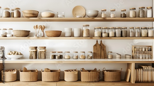 A minimalist pantry with organized wooden shelves and neatly arranged jar photo