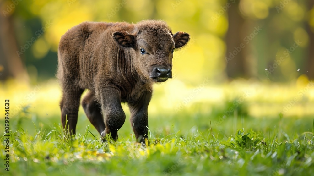 Fototapeta premium Baby buffalo strolls on grass