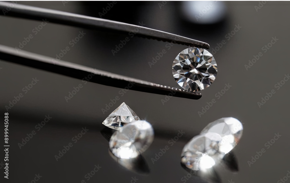A skilled jeweler delicately holds a round diamond with tweezers, surrounded by various cut gemstones on a reflective surface in a well-lit workshop A skilled jeweler delicately holds a round diamond with tweezers, surrounded by various cut gemstones on a reflective surface in a well-lit workshop