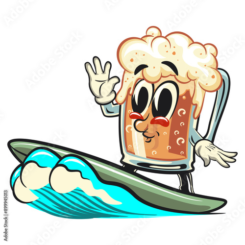 Photography beer cartoon character retro design surfing happily, work of hand drawn