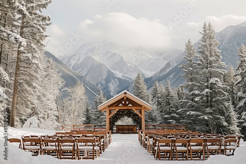 A photo showcasing a snowy mountain landscape featuring a gazebo and multiple rows of benches, Scenic winter wedding with a backdrop of snow-covered mountains, AI Generated