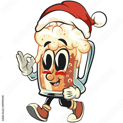 beer cartoon character retro design  walking while wearing a Santa hat calmly, work of hand drawn