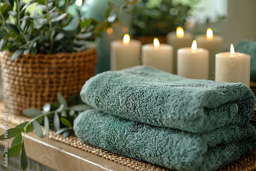 Spa composition. Burning candles, stones, soap and towels on grey table