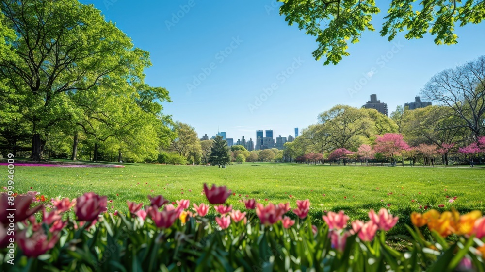 A city park with blooming flowers, green lawns, and a clear blue sky providing ample copy space above the trees A city park with blooming flowers, green lawns, and a clear blue sky providing ample copy space above the trees