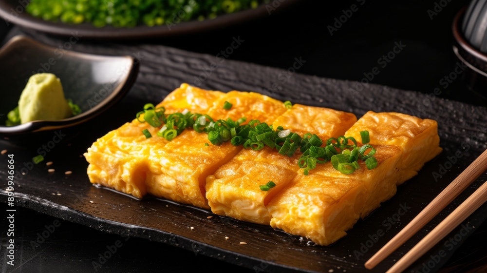 A mouthwatering plate of tamagoyaki, a Japanese rolled omelette, is garnished with chopped green onions and served on a traditional black platter. The vibrant colors and textures make it an enticing A mouthwatering plate of tamagoyaki, a Japanese rolled omelette, is garnished with chopped green onions and served on a traditional black platter. The vibrant colors and textures make it an enticing