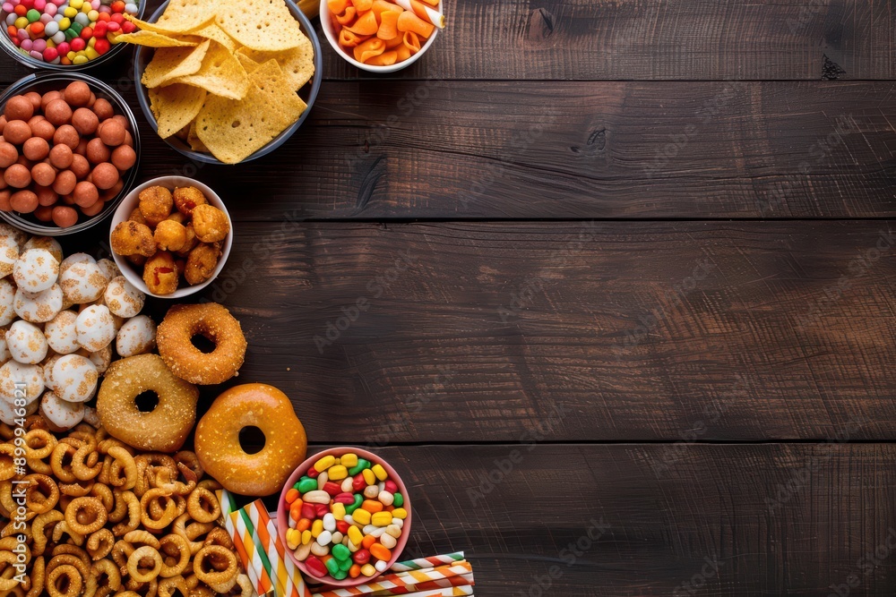 Creative flat lay showcasing a variety of snacks and beverages arranged neatly The image displays a variety of snacks and beverages artfully arranged Creative flat lay showcasing a variety of snacks and beverages arranged neatly The image displays a variety of snacks and beverages artfully arranged
