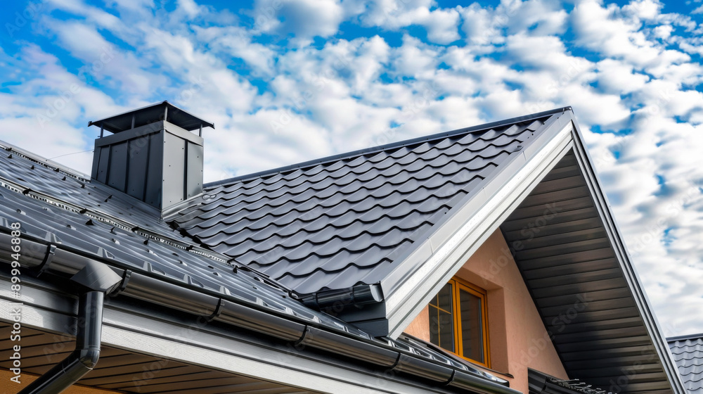 Close-up of gutters in a house with a metal roof. Construction concept. Close-up of gutters in a house with a metal roof. Construction concept.