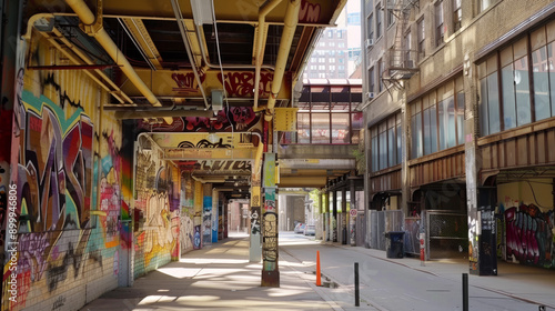 Depict a bustling urban setting with buildings, alleys, and underpasses serving as canvases for vibrant street art, transforming the cityscape into a gallery of expression. 