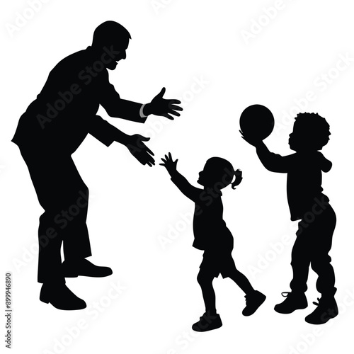a father play with kids vector silhouette, business man, black color silhouette, isolated white background
