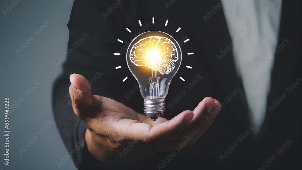 Innovative technologies, inspiration for business or education. Businessman holding a light bulb with a brain inside. Concept: creative ideas, creative thinking training, creative brainstorming. Innovative technologies, inspiration for business or education. Businessman holding a light bulb with a brain inside. Concept: creative ideas, creative thinking training, creative brainstorming.