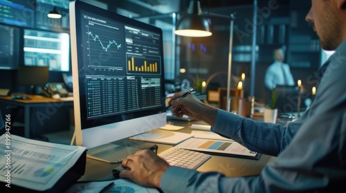 Businessman analyzing financial data and stock market trends on a computer monitor in a modern office setting with multiple screens.