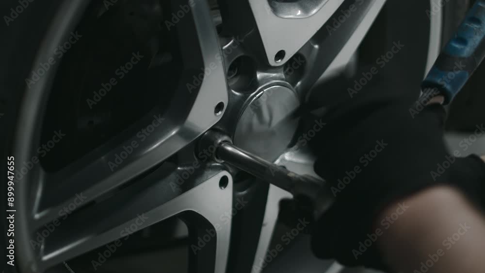 Close-up of hands of unrecognizable male car mechanic in black gloves tightening bolts on wheel of customer car with wrench, after replacing faulty rubber tire Close-up of hands of unrecognizable male car mechanic in black gloves tightening bolts on wheel of customer car with wrench, after replacing faulty rubber tire