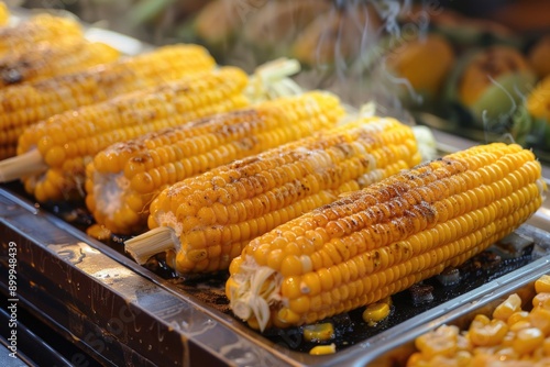 Grilled Corn on the Cob with Seasoning and Steam at Outdoor Market photo