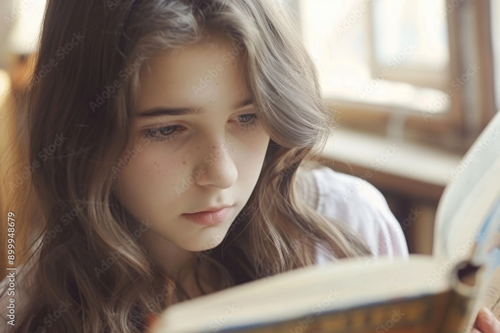 Young Girl Reading a Book Indoors with Natural Light from Window Young Girl Reading a Book Indoors with Natural Light from Window
