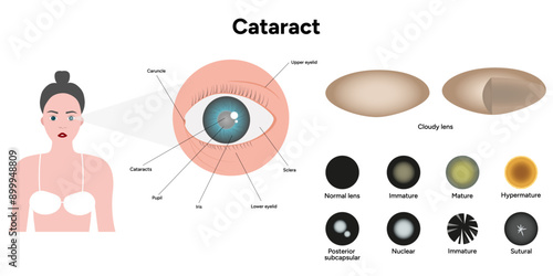 Type cataracts vision disorder problem and vision human anatomy with cloudy lens photo