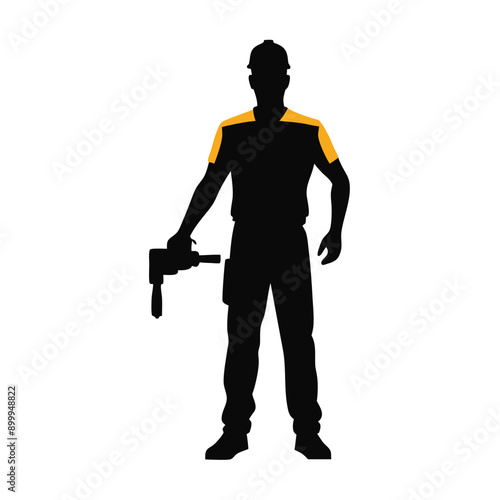 a labour worker stand with a machine stylish pose, stand with a drill machine, silhouette, solid color silhouette, isloated white background (35)
