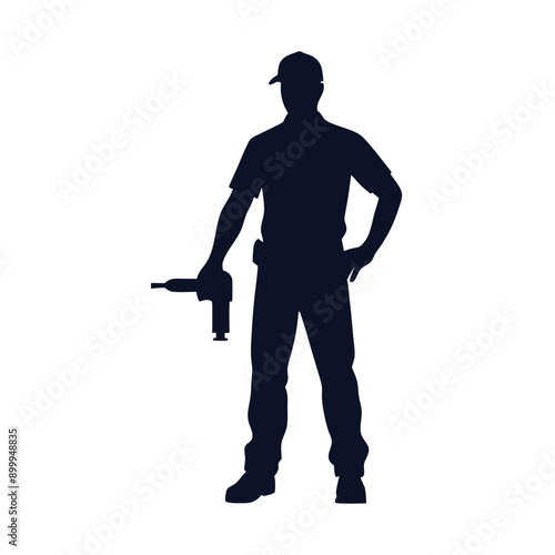 a labour worker stand with a machine stylish pose, stand with a drill machine, silhouette, solid color silhouette, isloated white background (35)