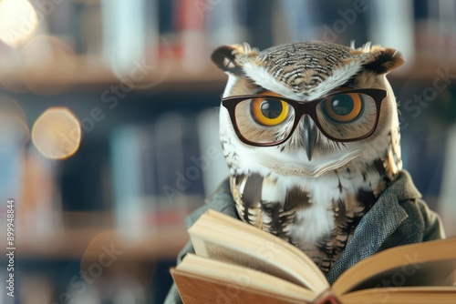 Owl Librarian Style Glasses and Suit Shelving Books Concept An owl librarian